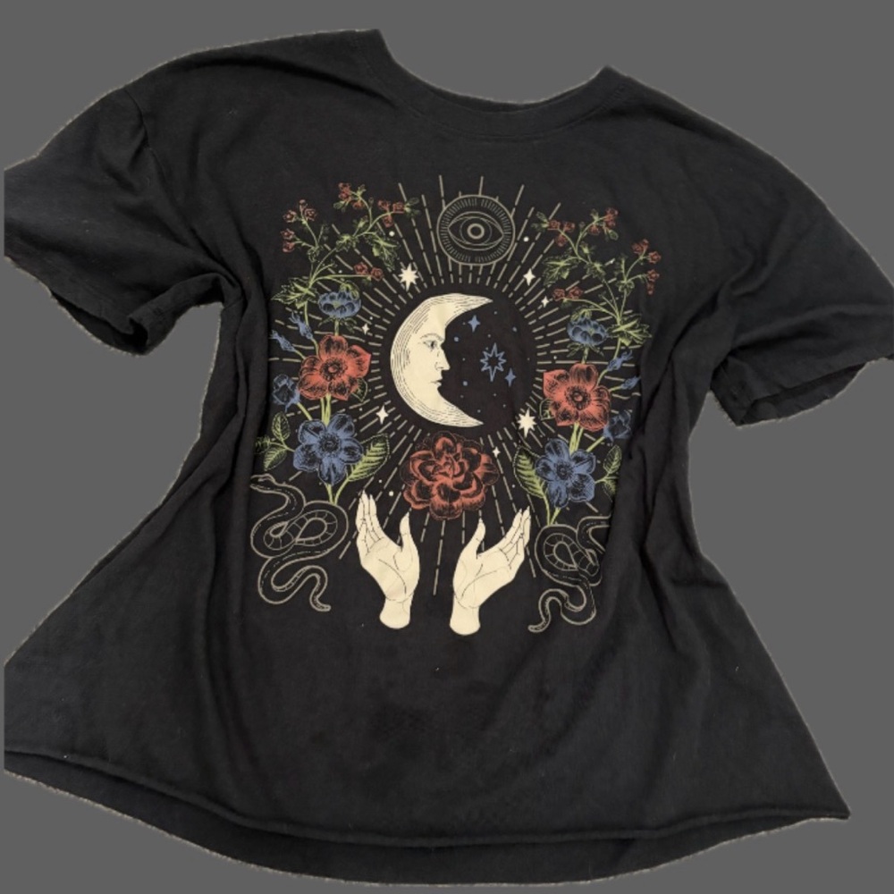 Awake Black Tee with Celestial Floral Design
